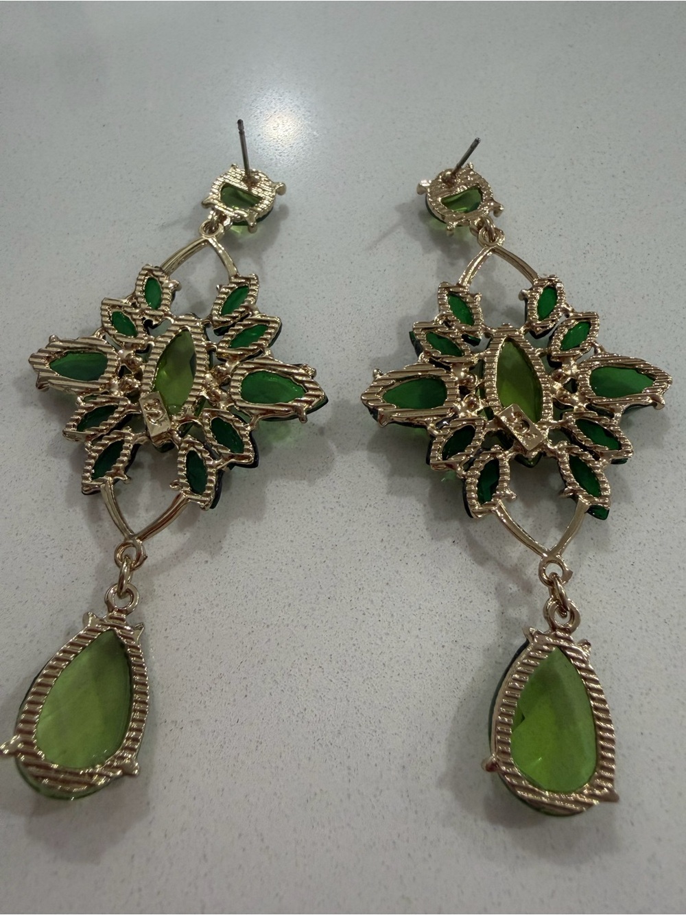 Green Crystal Drop Statement Earrings - Picture 2 of 4